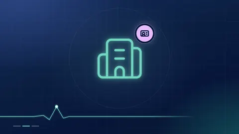A mint office-building outline with a lilac ID-card badge on a dark navy ground.