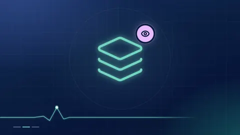 A mint stack-of-layers outline with a lilac eye badge on a dark navy ground.