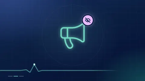 A mint megaphone outline with a lilac crossed-out-eye badge on a dark navy ground.