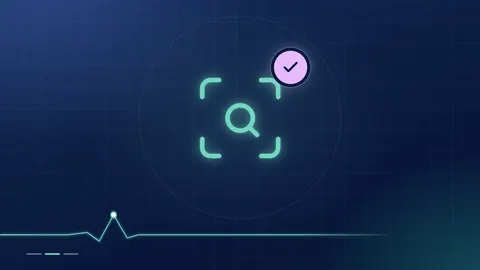 A mint magnifying-glass outline with a lilac tick badge on a dark navy ground.