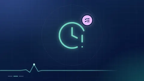 A mint clock outline with an alert mark, beside a lilac checklist badge, on a dark navy ground.