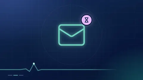 A mint envelope outline with a lilac hourglass badge on a dark navy ground.
