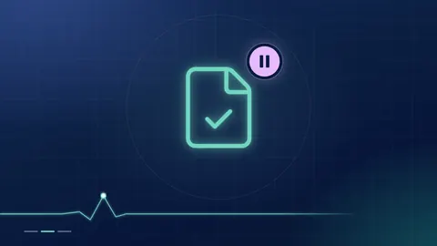 A mint document outline with a tick, beside a lilac pause badge, on a dark navy ground.