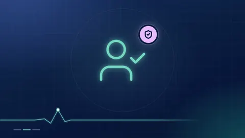 A mint person-with-tick outline with a lilac shield badge on a dark navy ground.