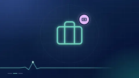 A mint briefcase outline with a lilac banknote badge on a dark navy ground.