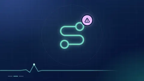 A mint route outline with a lilac warning badge on a dark navy ground.