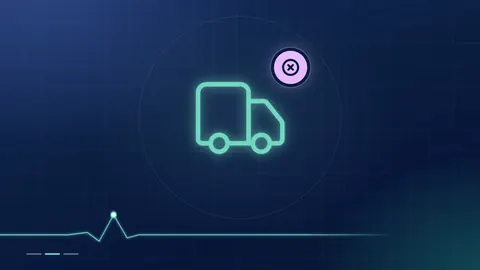 A mint delivery-lorry outline with a lilac cross badge on a dark navy ground.