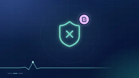 A mint shield outline with a cross, beside a lilac file-warning badge, on a dark navy ground.