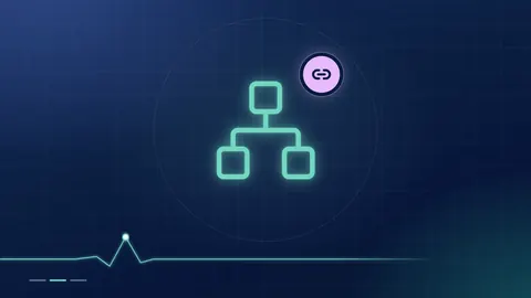 A mint network outline with a lilac link badge on a dark navy ground.