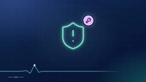 A mint shield outline with an alert mark and a lilac key badge on a dark navy ground.