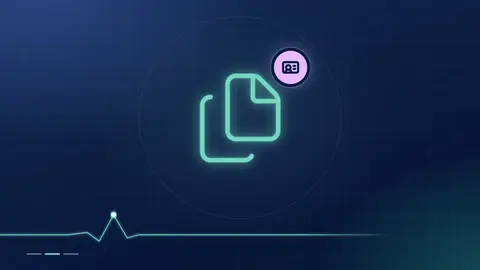 A mint stack-of-documents outline with a lilac ID card badge on a dark navy ground.