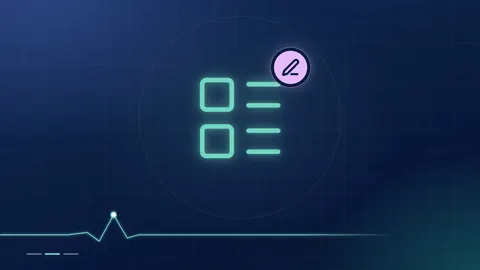 A mint outline of a form with list rows, beside a lilac pen badge, on a dark navy ground.