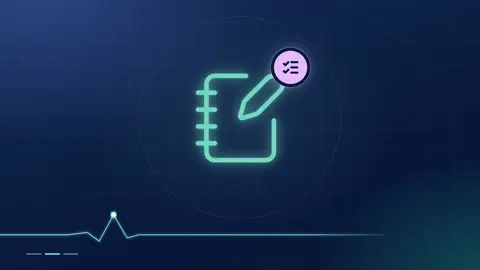 A mint notebook-and-pen outline with a lilac checklist badge on a dark navy ground.