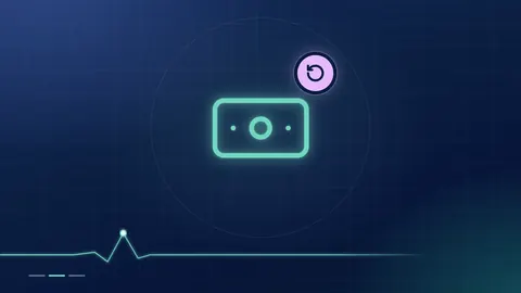 A mint banknote outline with a lilac return-arrow badge on a dark navy ground.