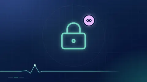 A mint padlock outline with a lilac chain-link badge on a dark navy ground.