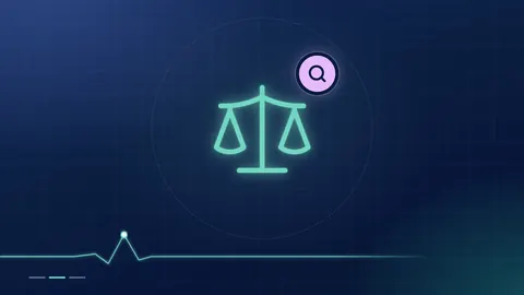 A mint balance-scales outline with a lilac magnifier badge on a dark navy ground.