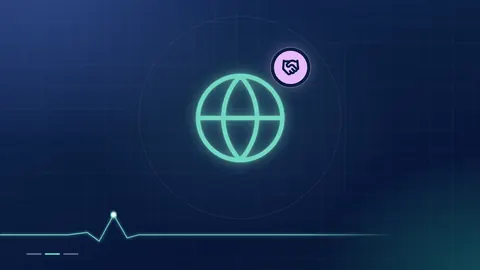 A mint globe outline with a lilac handshake badge on a dark navy ground.