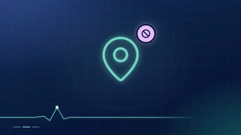 A mint map pin outline with a lilac no-entry badge on a dark navy ground.