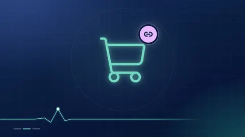 A mint shopping-cart outline with a lilac chain-link badge on a dark navy ground.