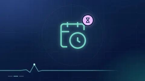 A mint calendar outline with a clock, beside a lilac hourglass badge, on a dark navy ground.