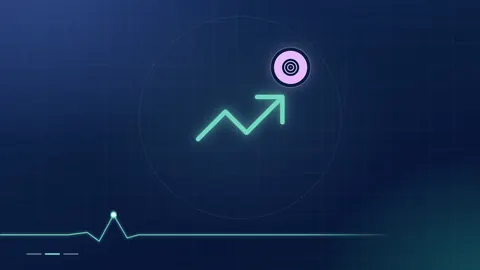 A mint rising-chart outline with a lilac target badge on a dark navy ground.