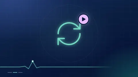 A mint circular-arrows outline with a lilac play badge on a dark navy ground.
