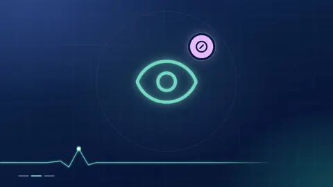A mint eye outline with a lilac no-entry badge on a dark navy ground.