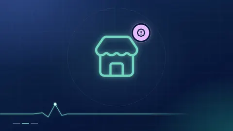 A mint shopfront outline with a lilac alert badge on a dark navy ground.