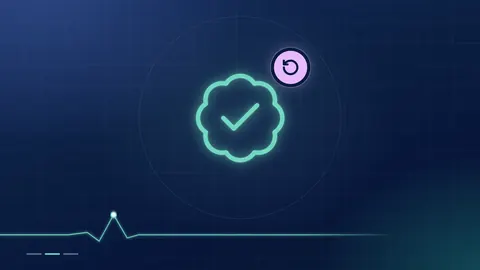 A mint verified-badge outline with a lilac reset-arrow badge on a dark navy ground.