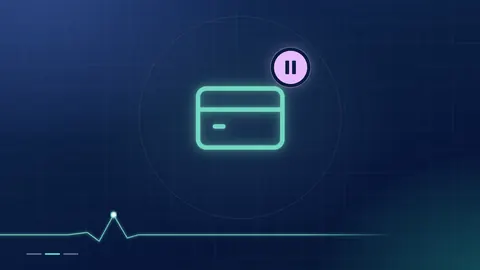 A mint payment-card outline with a lilac pause badge on a dark navy ground.