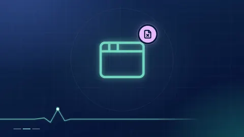 A mint browser-window outline with a lilac file-cross badge on a dark navy ground.