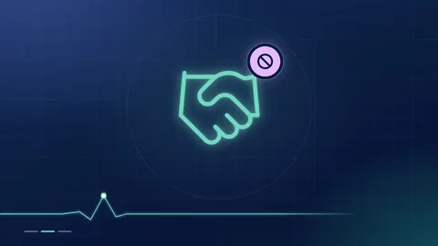 A mint handshake outline with a lilac no-entry badge on a dark navy ground.