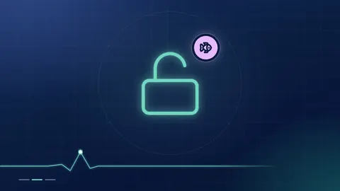A mint open-padlock outline with a lilac fish badge on a dark navy ground.