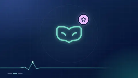 A mint mask outline with a lilac star badge on a dark navy ground.