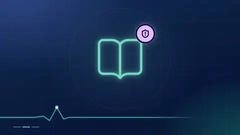 A mint open-book outline with a lilac shield badge on a dark navy ground.