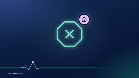 A mint octagon outline with a cross, beside a lilac padlock badge, on a dark navy ground.