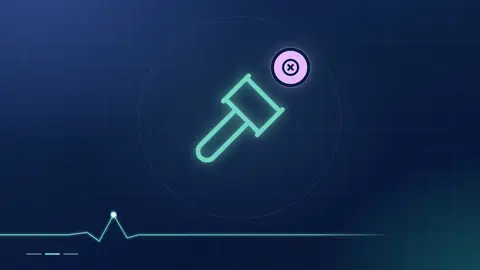 A mint gavel outline with a lilac cross badge on a dark navy ground.