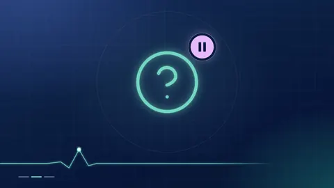 A mint question-mark circle with a lilac pause badge on a dark navy ground.