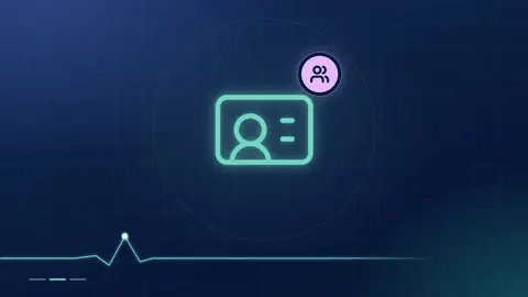 A mint ID card outline with a lilac people badge on a dark navy ground.
