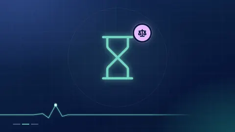 A mint hourglass outline with a lilac scales badge on a dark navy ground.