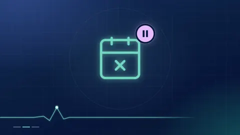 A mint calendar outline with a cross, beside a lilac pause badge, on a dark navy ground.