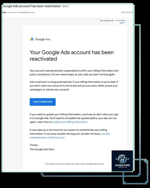 Google Ads notification that an account has been reactivated after billing information and policy compliance were verified