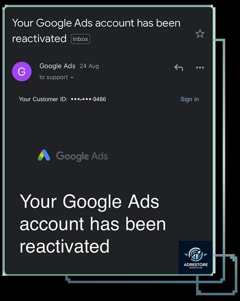 Google Ads notification on a phone that an advertising account has been reactivated