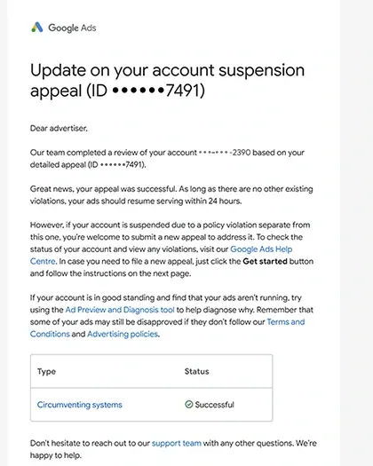 Google Ads email confirming a successful account suspension appeal under the Circumventing Systems policy, dated February 2025
