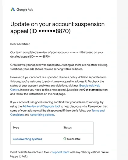 Google Ads email confirming a successful account suspension appeal under the Circumventing Systems policy, dated January 2025