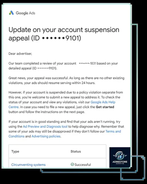 Google Ads email confirming a successful suspension appeal for the Circumventing Systems policy
