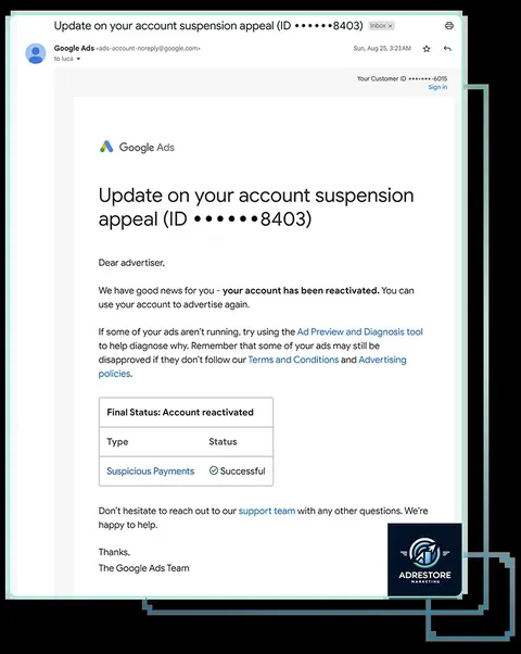 Google Ads email confirming an account reactivated after a Suspicious Payments suspension appeal, with final status shown