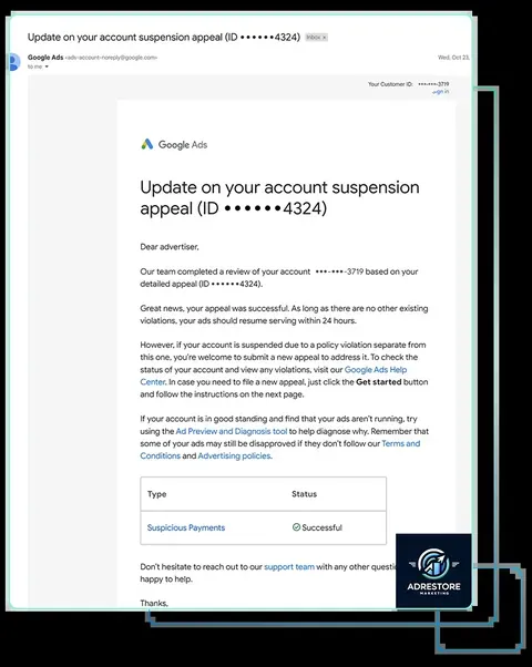 Google Ads email confirming a successful suspension appeal for the Suspicious Payments policy
