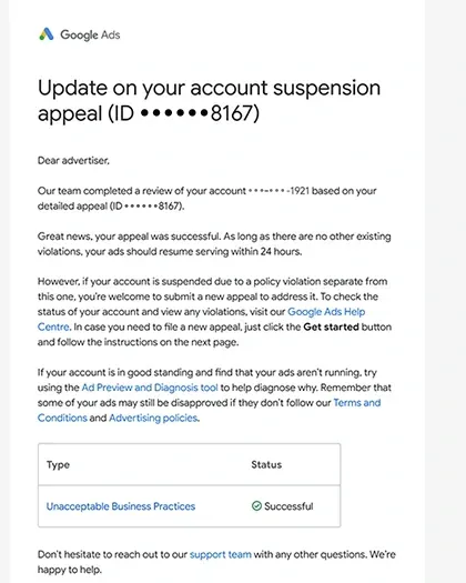 Google Ads email confirming a successful account suspension appeal under the Unacceptable Business Practices policy, dated December 2024