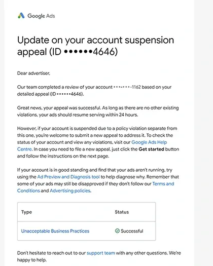 Google Ads email confirming a successful account suspension appeal under the Unacceptable Business Practices policy, dated November 2024